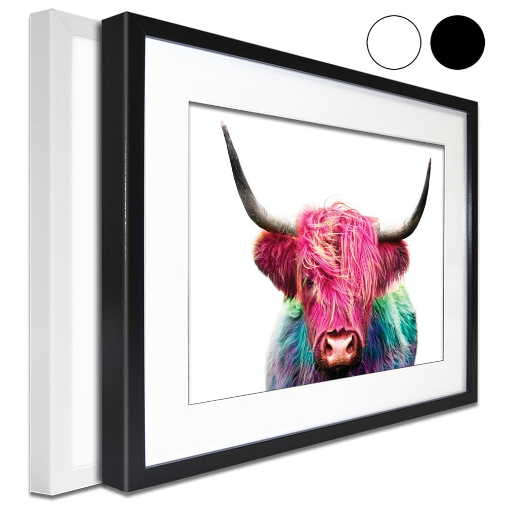 Colourful Pink Highland Cow Framed Art Print wall art product Patricia Chumillas / Shutterstock