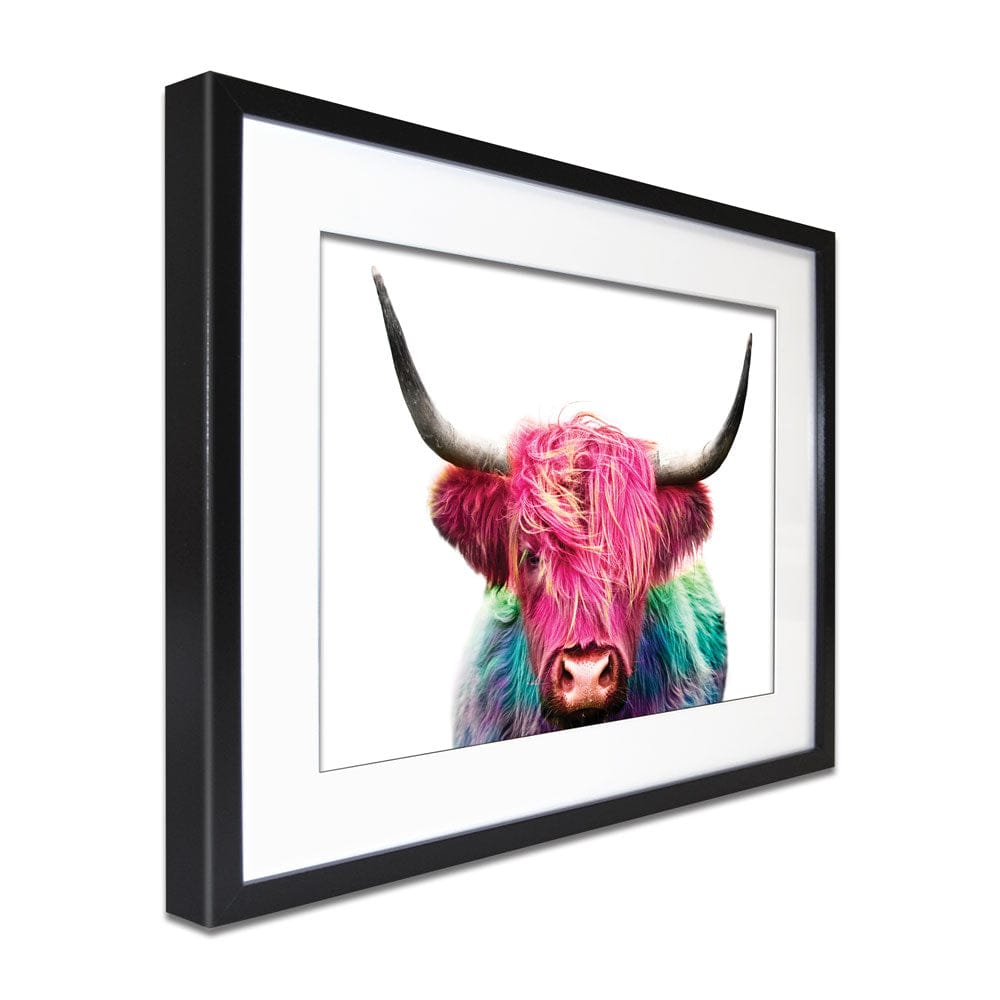 Colourful Pink Highland Cow Framed Art Print wall art product Patricia Chumillas / Shutterstock