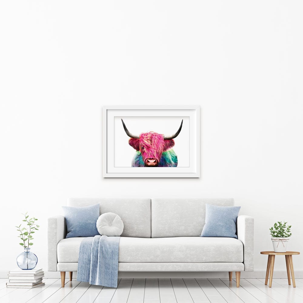 Colourful Pink Highland Cow Framed Art Print wall art product Patricia Chumillas / Shutterstock
