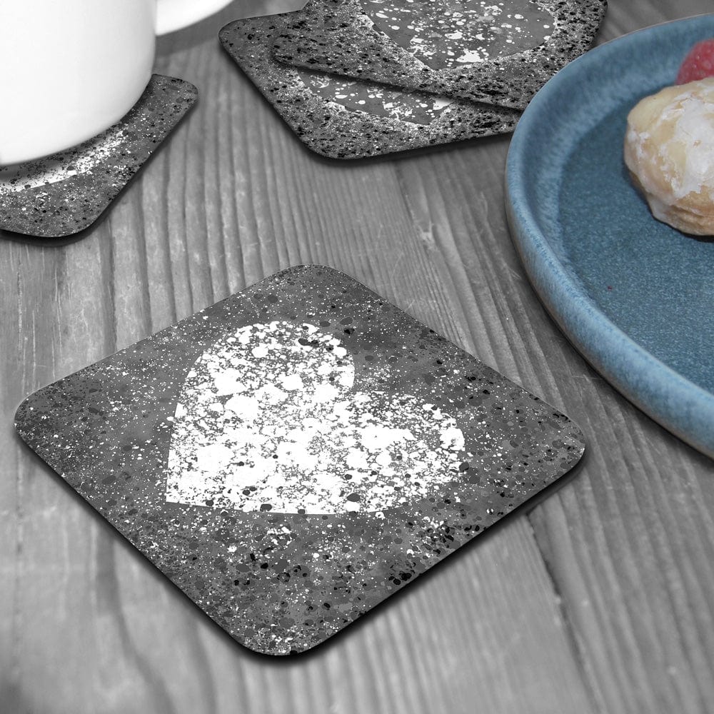 Grey And White Hearts Splatter Coaster Set wall art product J Tonges / Independent