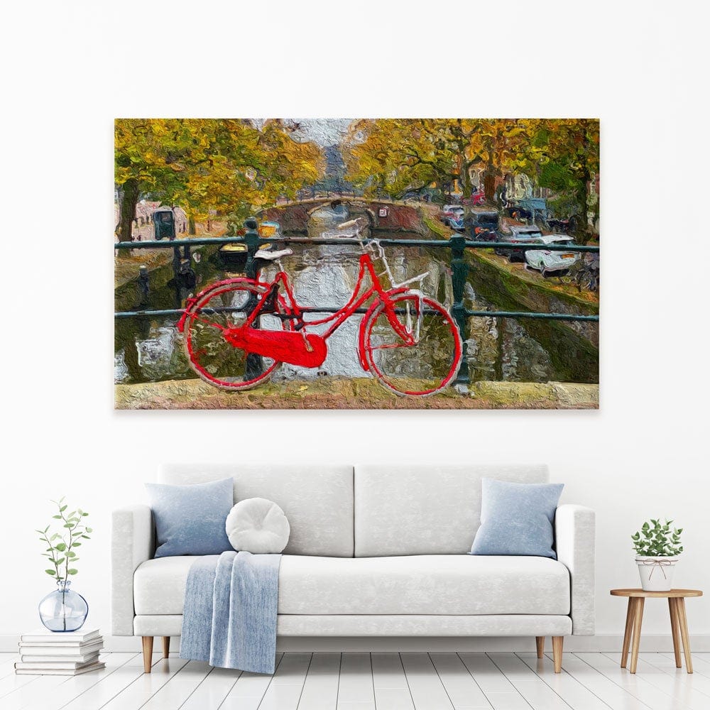 Red Bike In Amsterdam Canvas Print wall art product Wut_Moppie / Shutterstock