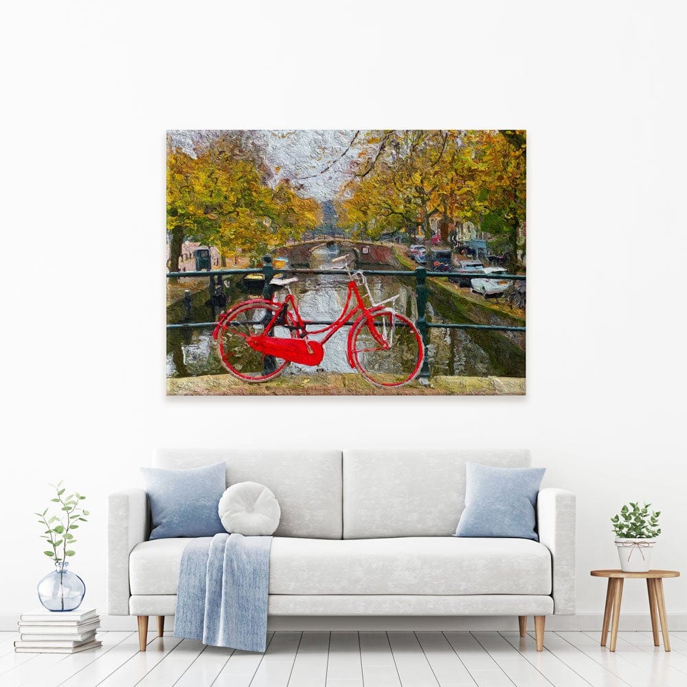 Red Bike In Amsterdam Canvas Print wall art product Wut_Moppie / Shutterstock