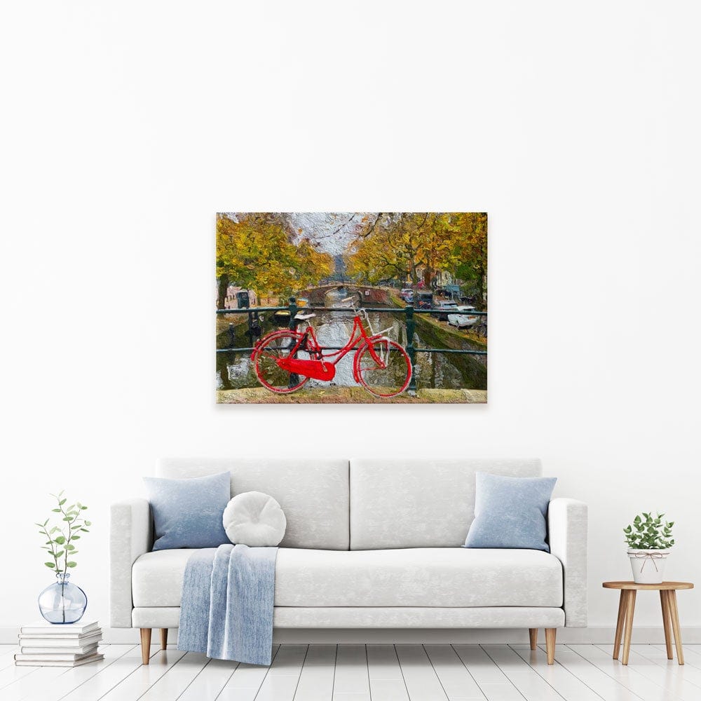 Red Bike In Amsterdam Canvas Print wall art product Wut_Moppie / Shutterstock