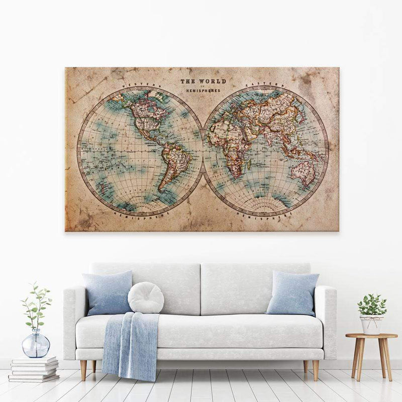 Vintage World Hemisphere Map In Colour Canvas Print wall art product RTimages / Shutterstock